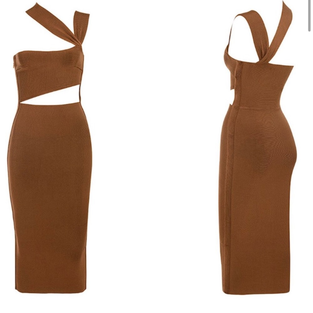 House of Cb Aina Bandage Tan Brown Cutout Dress - Picture 3 of 6